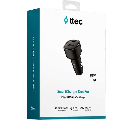 Автомобильное зарядное устройство TTEC SmartCharger Duo PD 83W Car Fast Charger USB-C + USB-A, черный 2CKP04S