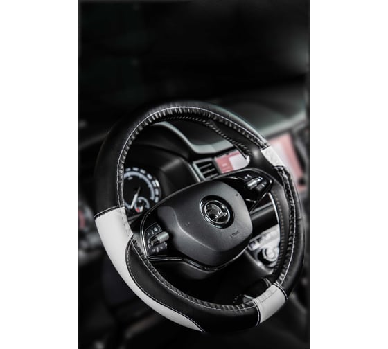 Оплетка AVTOLIDER1 на рулевое колесо М (37-39см), черно-белая, экокожа OPL0203 1