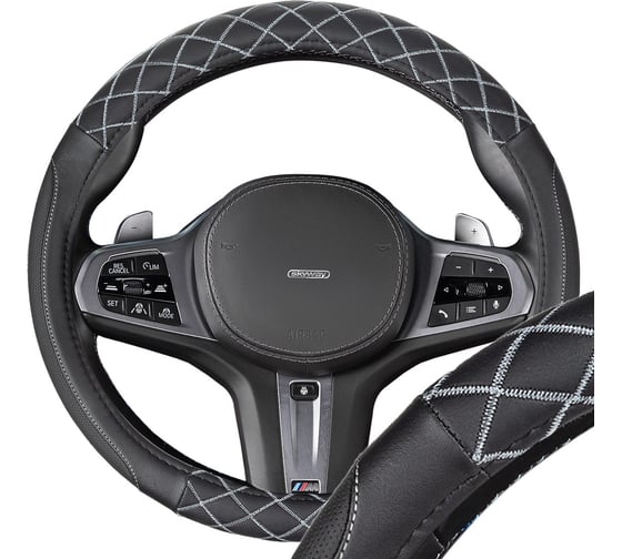 Оплетка SKYWAY экокожа M (37-39 см) Design Hit-3 черная, серая строчка S01102527 1