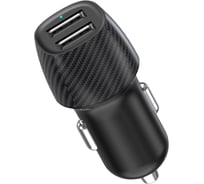 Автомобильное зарядное устройство c двумя портами REXANT (USB-А + USB-A) со световой индикацией, 12Вт, черное 18-2220