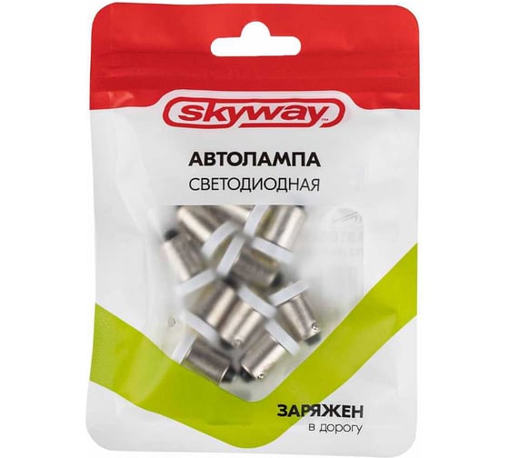 Автолампа диод SKYWAY T5 (W1,2W), 12V, 2 SMD, 1-контакт, биполярная, белая,10 шт S08201458/K