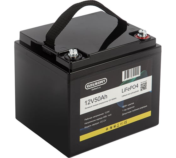 Литиевый тяговый аккумулятор Gelbert LiFePO4 (12V/50Ah/50A/600Wh) [6-GFM-38] 025331
