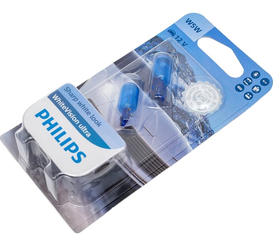 Автолампа PHILIPS W5W, W2.1х9.5d, WhiteVision ultra 4200 K, 2 шт., 12 В 12961WVUB2