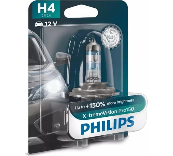 Автолампа PHILIPS H4, 60/55 Вт, P43t-38+150%, X-tremeVision Pro150, 3700 К, 12 В 12342XVPB1
