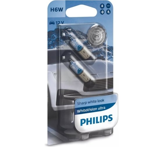 Автолампа PHILIPS H6W, BAX9s, WhiteVision ultra 3100 K, 2 шт. 12 В 12036WVUB2