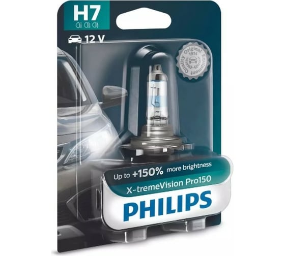 Автолампа PHILIPS H7, 55 Вт, PX26d+150%, X-tremeVision Pro150, 3400 К, 12 В 12972XVPB1