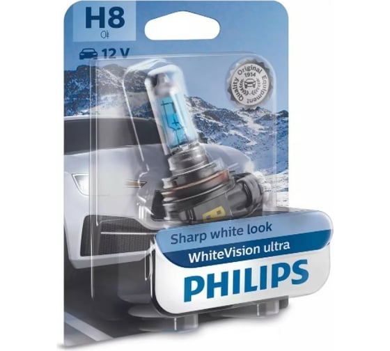 Автолампа PHILIPS H8, 35 Вт, PGJ19-1, WhiteVision ultra 3800 K, 12 В 12360WVUB1 1