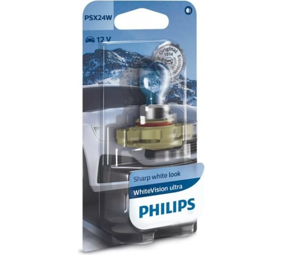 Автолампа PHILIPS PSX24W, PG20/7, WhiteVision ultra 3300 K, 12 В 12276WVUB1 1