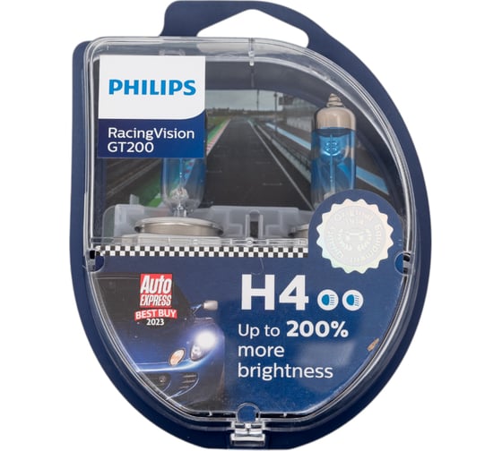 Автолампа PHILIPS H4, 60/55 Вт, P43t-38+200%, Racing Vision GT200, 2 шт., 3600 К, 12 В 12342RGTS2