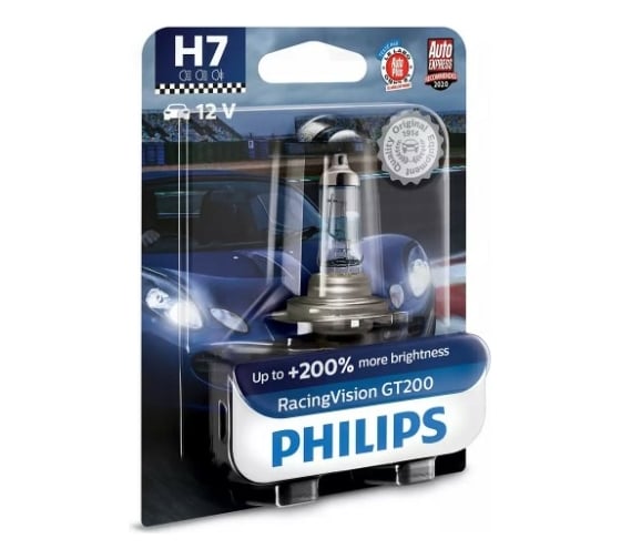 Автолампа PHILIPS H7, 55 Вт, PX26d+200%, Racing Vision GT200, 3400 К, 12 В 12972RGTB1