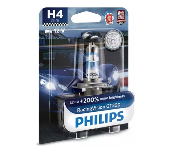 Автолампа PHILIPS H4, 60/55 Вт, P43t-38+200%, Racing Vision GT200, 3600 К, 12 В 12342RGTB1