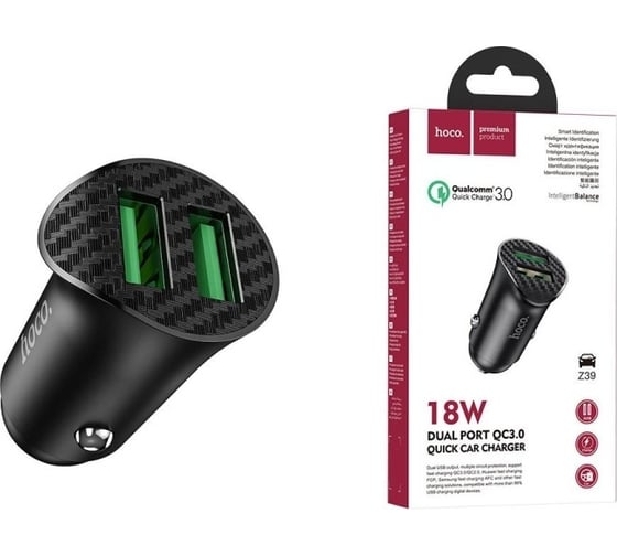 Автомобильная зарядка Hoco Z39 QC3.0, два порта USB, черный