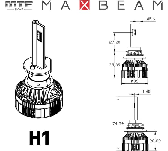 Светодиодная лампы MTF Light MAX BEAM, H1, 24V, 45W, 4250lm, 6000K, кулер, комплект. MB01K6-24
