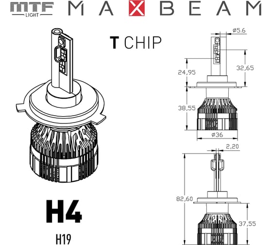 Светодиодные лампы MTF LIGHT MaxBeam 2.0, H4/H19, 12V, 55W, 5000lm, 6000K, кулер, комплект. MB04K6