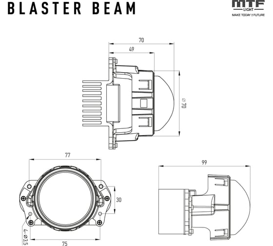 Светодиодные линзы MTF Light Blaster beam узкий луч дальнего света и интегрированный габаритный огонь 12V, 20W, 6000K, 2500LM, 2.5, к-т 2шт. BW25K25