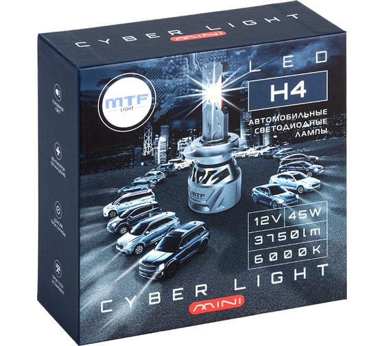 Светодиодные лампы MTF LIGHTMTF Light серия CYBER LIGHT MINI H4/19, 12V, 45W, 3750LM, 6000K, кулер, к-т. CM04K6