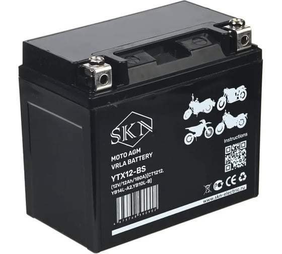 Аккумулятор стартерный для мототехники SKN YTX12-BS (12V/12Ah/180A) [CT 1212, YB14L-A2, YB10L-B] 025272 1