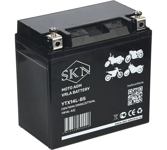 Аккумулятор стартерный для мототехники SKN YTX14L-BS (12V/12Ah/200А) [CT1214, YB14L-A2] 025274 1
