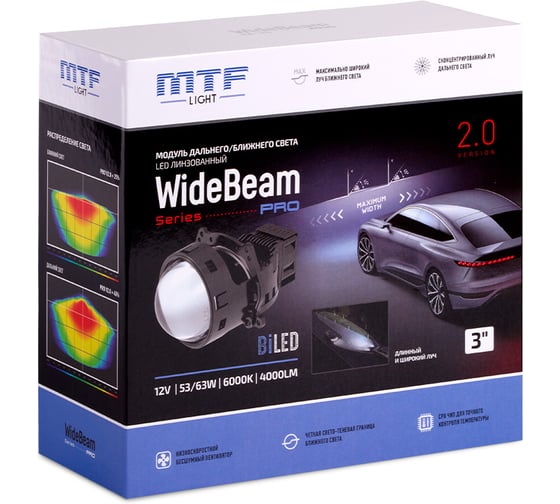 Светодиодные модули ближнего/дальнего света MTF Light WideBeam, линзованные, бескорпусные, 12В, 53/65Вт, 6000К, 3 дюйма, компл. 2шт HL65K60