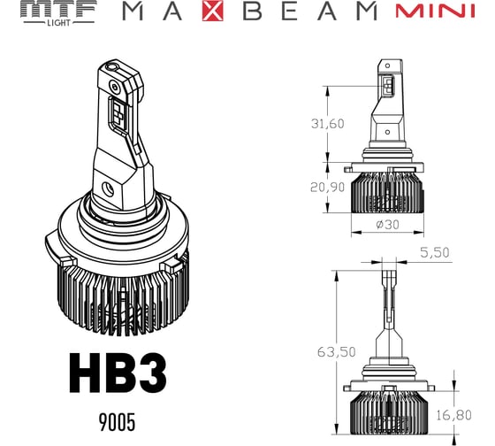 Светодиодные лампы MTF Light серия MaxBeam Mini, HB3(9005), 12V, 45W, 4500lm, 6000K, кулер, к-кт MMB3K6