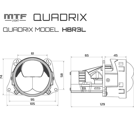 Световые модули ближнего/дальнего света MTF Light QUADRIX, 12В, 58/80ВТ, 6000К, 4200LM, 3 круг, 3ая линза, 2шт HDR3L