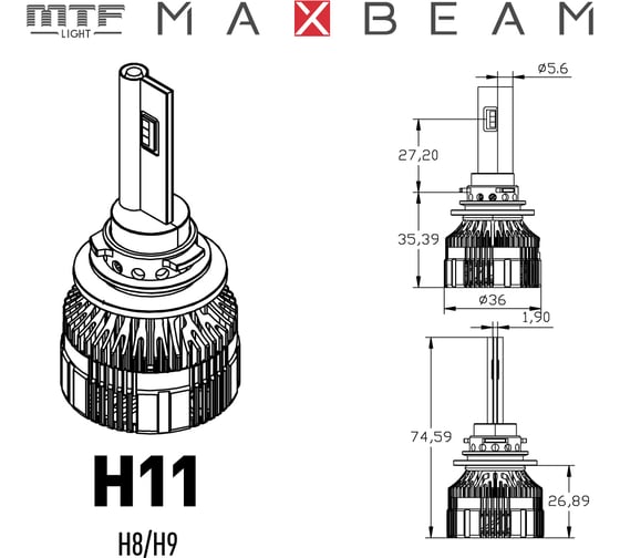 Светодиодные лампы MTF Light серия MAX BEAM, H11, 24V, 45W, 4250lm, 6000K, кулер, комплект MB11K6-24