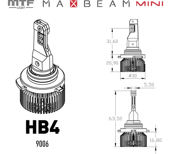 Светодиодные лампы MTF Light серия MaxBeam Mini, HB4(9006), 12V, 45W, 4500lm, 6000K, кулер, к-кт MMB4K6