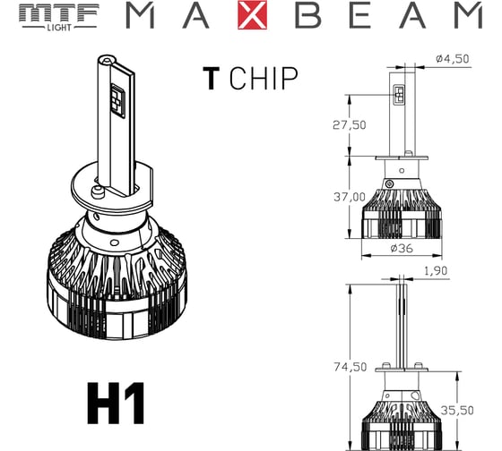 Светодиодные лампы MTF Light серия MaxBeam 2.0, H1, 12V, 55W, 5000lm, 6000K, кулер, комплект MB01K6