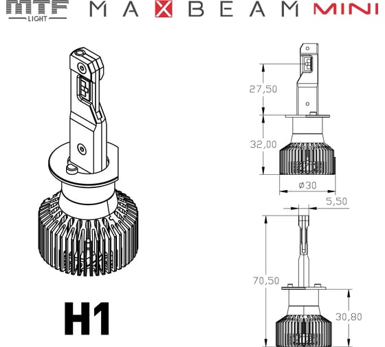 Светодиодные лампы , серия MaxBeam Mini, H1, 12V, 45W, 4500lm, 6000K, кулер, комплект. MTF Light MM01K6