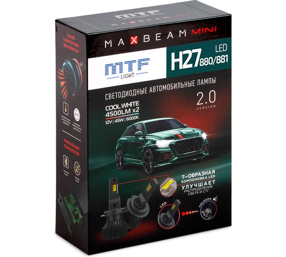 Светодиодные лампы , серия MaxBeam Mini, H27(880/881), 12V, 30W, 3000lm, 6000K, кулер, к-кт. MTF Light MMH27K6