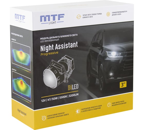 Светодиодные модули ближнего/дальнего света NIGHT ASSISTANT Progressive, линзованные, бескорпусные, 12В, 47/50Вт, 5500К, 3 дюйма, компл. 2шт. MTF Light HL47K55