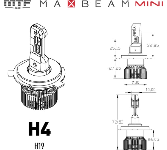 Светодиодные лампы MTF LIGHT, серия MaxBeam Mini, H4/H19, 12V, 45W, 4500lm, 6000K, кулер, комплект. MM04K6