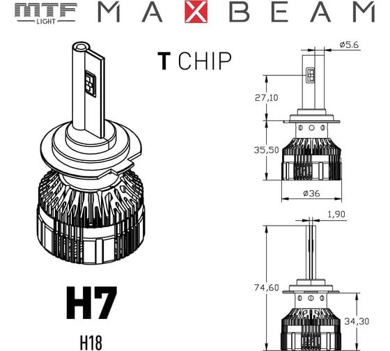 Светодиодные лампы MTF Light MaxBeam 2.0, H7/H18, 12V, 55W, 5000lm, 6000K, кулер, комплект. MB07K6