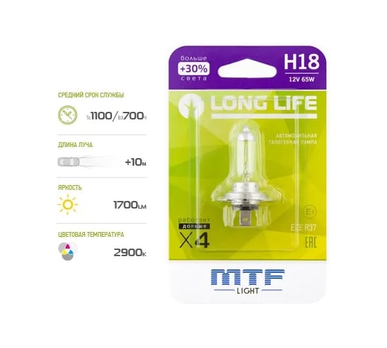 Галогенная лампа автомобильная MTF LIGHT H18 12V 65W LONG LIFE x4 блистер HLL1218b