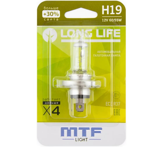 Галогенная лампа автомобильная MTF LIGHT H19 12V 60/55W LONG LIFE x4 блистер HLL1219b