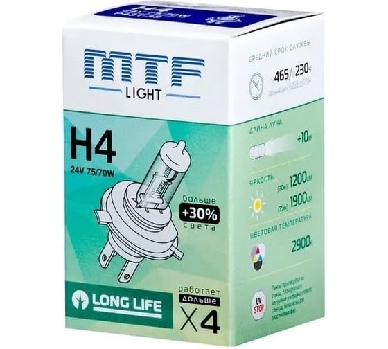 Галогенная лампа автомобильная H4 24V 75/70W LONG LIFE x4 MTF Light HS2404