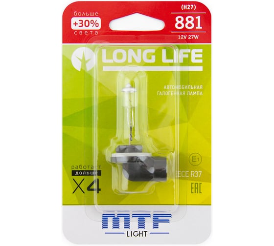 Галогенная лампа автомобильная MTF Light H27 12V 881 27W LONG LIFE x4 блистер HLL1281b 1