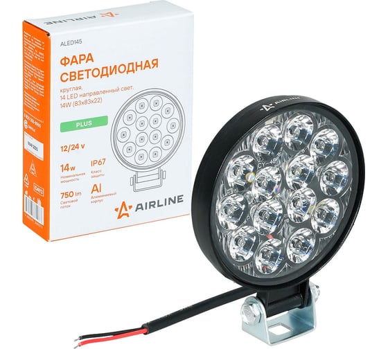Фара светодиодная Airline круглая, 14LED, направленный свет, 14Вт, 83x83x22мм, 12/24В, PLUS ALED145 1