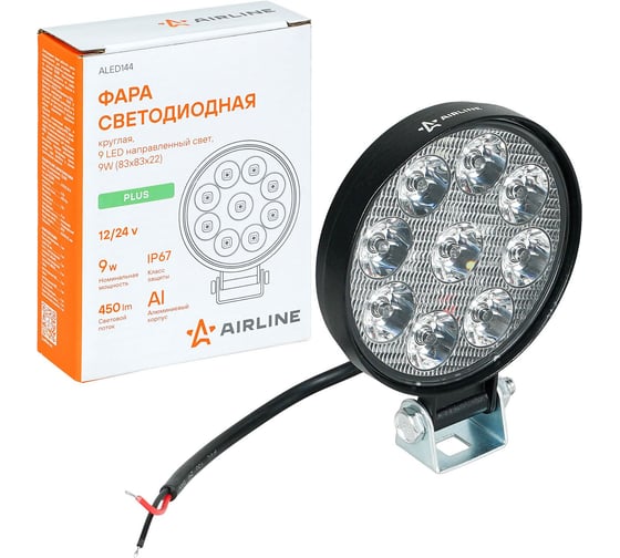 Фара светодиодная Airline круглая, 9LED, направленный свет, 9Вт, 83x83x22мм, 12/24В, PLUS ALED144 1