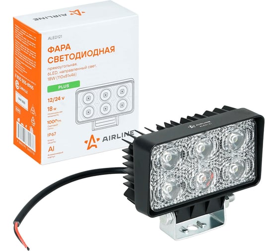 Фара светодиодная Airline прямоугольная, 6LED, направленный свет, 18Вт, 110x81x46мм, 12/24В, PLUS ALED121