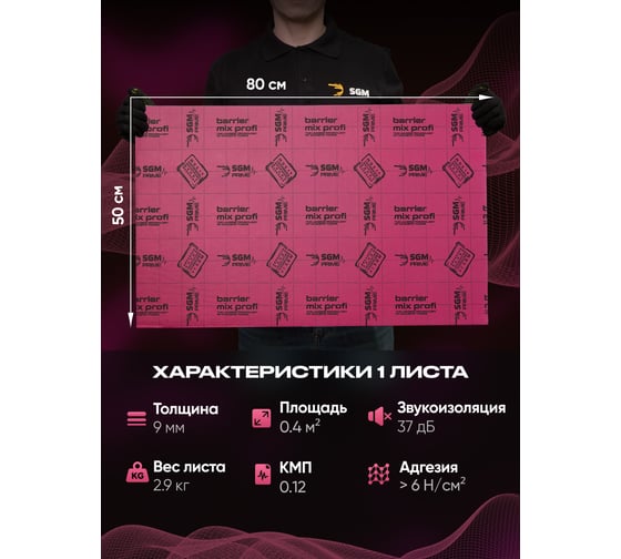 Шумоизоляция SGM  Premium Barrier Mix Profi Prime (большие листы 0.5х0.8 м/ 9 мм)/ упаковка 4 листа/ комплект звукоизоляции для авто SGM.BMP.4