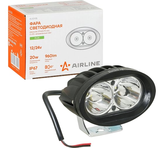 Фара светодиодная овальная Airline 2LED, направленный свет, 20Вт, 97x62x70мм, 12/24В, PLUS ALED135