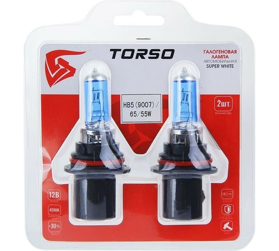 Комплект галогенных ламп TORSO HB5, 4200 K, 12 В, 65/55 Вт, 2 шт., SUPER WHITE 1066736