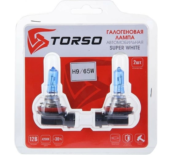 Комплект галогенных ламп TORSO H9, 4200 K, 12 В, 65 Вт, 2 шт., SUPER WHITE 1066738