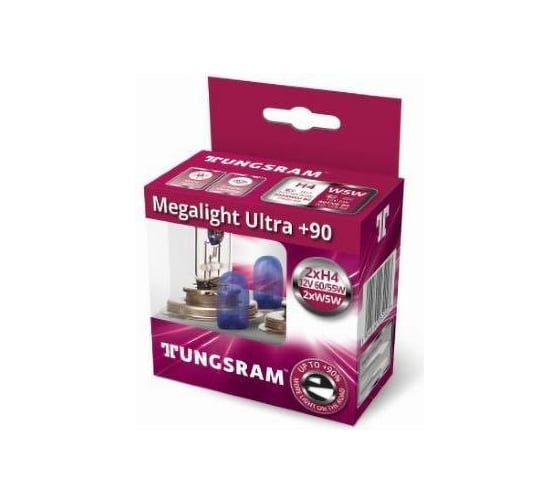 Автолампа Tungsram H4, 12 В, 60/55 Вт, P43t, +90 (2 шт.) + W5W (2 шт.), Megalight Ultra Quad Kit 93113951