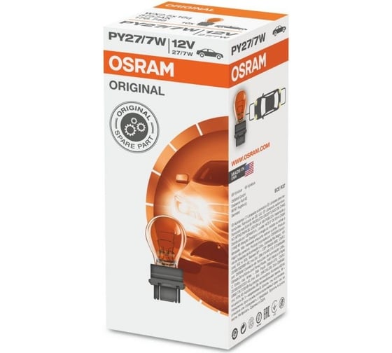 Лампа OSRAM 10шт/упаковка, PY27/7W, 27/7W, W2.5x16q, ORANGE 12v - 3757AK 1