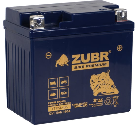 Аккумуляторная батарея ZUBR Мотоаккумулятор 12V 5 Ah BIKE PREMIUM YTX5L-BS R+, для мотоцикла, мопеда и скутера, гидроцикла, квадроцикла, снегохода 113x69x105 YTX5L-BS (ZubrPrem) 1