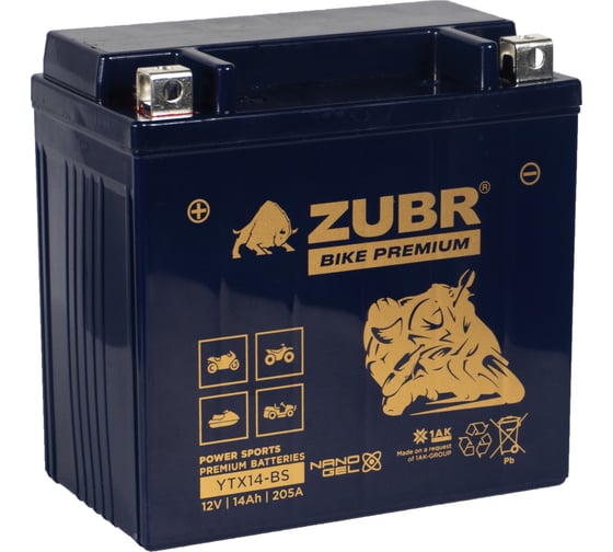 Аккумуляторная батарея ZUBR Мотоаккумулятор 12V 14 Ah BIKE PREMIUM YTX14-BS L+, для мотоцикла, скутера, гидроцикла, квадроцикла, снегохода и генератора 150x86x145 YTX14-BS (ZubrPrem) 1