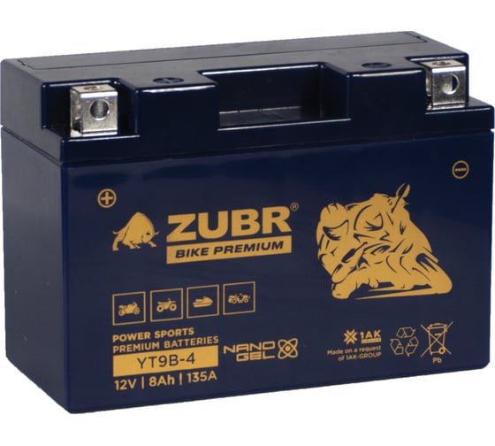 Аккумуляторная батарея ZUBR Мотоаккумулятор 12V 8 Ah BIKE PREMIUM YT9B-4 L+, для мотоцикла, мопеда и скутера, гидроцикла, квадроцикла, снегохода 150x69x105 YT9B-4 (ZubrPrem) 1