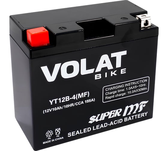 Мотоаккумулятор 12V 10Ah YT12B-4(MF) L+ для мотоцикла, скутера, гидроцикла, квадроцикла, снегохода и генератора 150x70x130 Volat YT12B-4(MF) 1